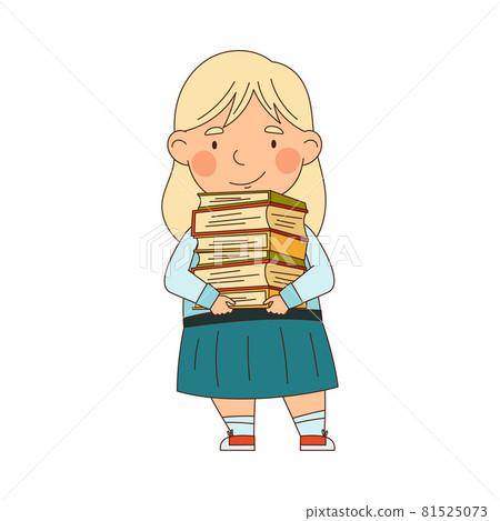 Back to School with Blond Girl in Blue Uniform Holding Pile of Books Vector Illustration 81525073