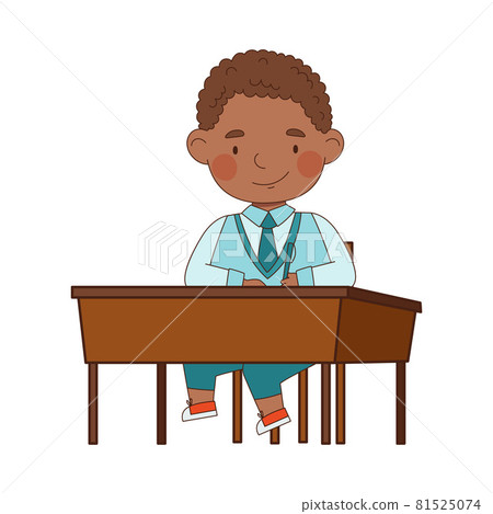 Back to School with African American Boy in Blue Uniform Sitting at Desk Vector Illustration Back to School with African American Boy in Blue Uniform Sitting at Desk Vector Illustration 81525074