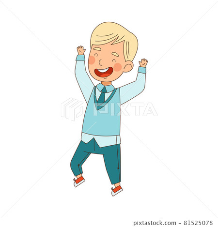 Back to School with Blond Boy in Blue Uniform Standing with Raised Hands Laughing Vector Illustration 81525078