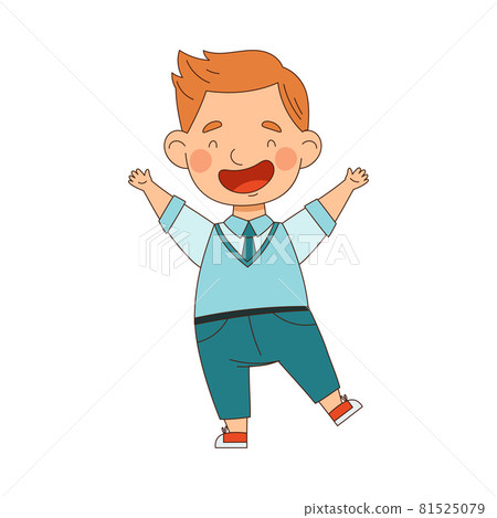 Back to School with Redhead Boy in Blue Uniform Standing with Raised Hands Laughing Vector Illustration 81525079