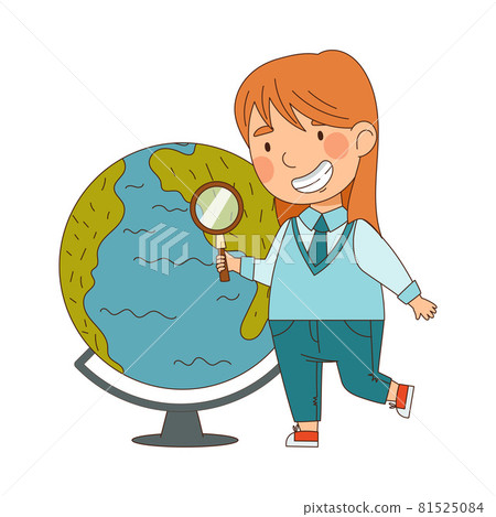 Back to School with Redhead Girl in Blue Uniform Standing Near Globe with Magnifying Glass Studying Geography Vector Illustration Back to School with Redhead Girl in Blue Uniform Standing Near Globe with Magnifying Glass Studying Geography Vector Illustration 81525084