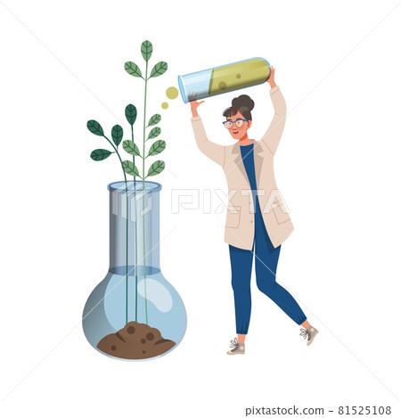 Young Woman Scientist in Laboratory Coat Fertilizing Plant in Glass Flask Studying Biology and Vegetation Taking Care of Nature and Environment Vector Illustration Young Woman Scientist in Laboratory Coat Fertilizing Plant in Glass Flask Studying Biology and Vegetation Taking Care of Nature and Environment Vector Illustration 81525108