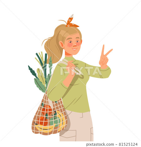 Young Freckled Woman with Mesh Bag Shopping Saving Earth Taking Care of Nature and Environment Vector Illustration Young Freckled Woman with Mesh Bag Shopping Saving Earth Taking Care of Nature and Environment Vector Illustration 81525124