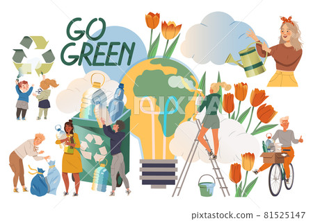 Saving Earth with People Character Taking Care of Nature and Environment Watering Plant and Recycling Vector Illustration 81525147