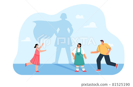 Friends running towards cartoon girl with superhero shadow 81525190