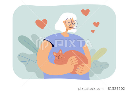 Cartoon woman hugging cat affectionately 81525202