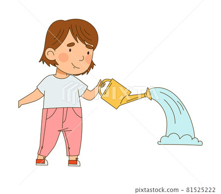 Little Girl with Watering Can Taking Care of Plant and Vegetation Vector Illustration 81525222