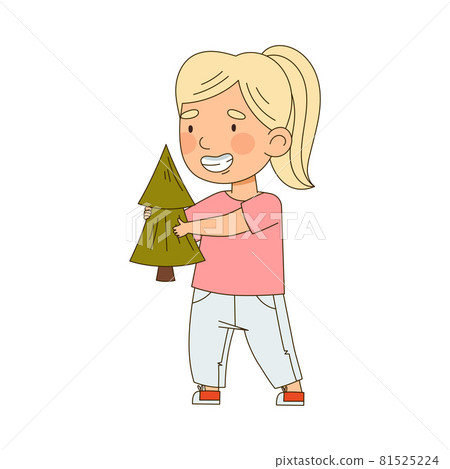 Little Blond Girl Holding Fir Saving Planet Taking Care of Globe Planting Tree Vector Illustration 81525224