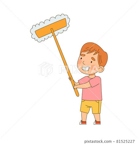 Little Boy with Mop Rubbing and Washing Something Vector Illustration 81525227