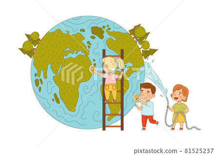 Little Kids Saving Planet Taking Care of Globe Rubbing It with Brush and Watering Plants with Hose Vector Illustration 81525237