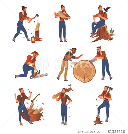 Bearded Woodman or Lumberman in Red Checkered Shirt and Sling Pants with Felling Ax Chopping and Sawing Wood Vector Set 81525318