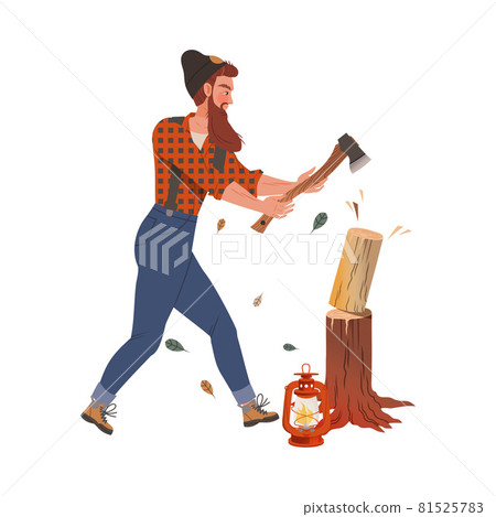 Bearded Woodman or Lumberman in Checkered Shirt and Sling Pants Chopping Wood with Ax on Tree Stump Vector Illustration 81525783