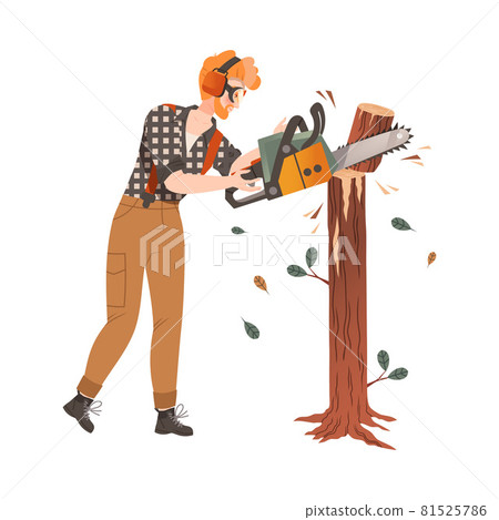 Redhead Bearded Woodman or Lumberman in Checkered Shirt and Sling Pants Sawing Log with Chain Saw Vector Illustration 81525786