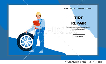 Tire Repair Worker Checking And Fix Wheel Vector 81528003