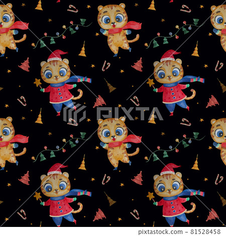 Seamless pattern with cute New Year tigers. Christmas animal on a black background with decor, garlands, Christmas trees and balls and candies. Watercolor. For Christmas kids collection and design 81528458