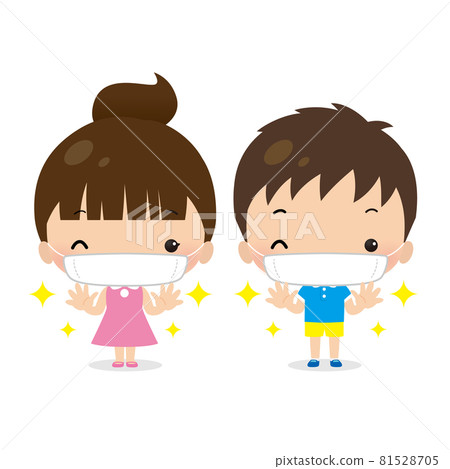 女孩和男孩戴著面具和洗手的可愛插圖 81528705