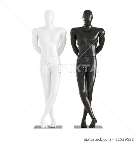 Black and white mannequin stand in pose and hold their hands behind their backs. 3D rendering on isolated background Black and white mannequin stand in pose and hold their hands behind their backs. 3D rendering on isolated background 81529588