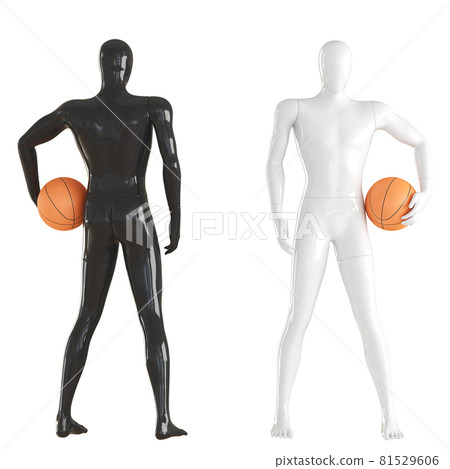 The white mannequin guy is facing forward while the black man is back forward with a basketball. 3d rendering The white mannequin guy is facing forward while the black man is back forward with a basketball. 3d rendering 81529606