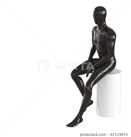 A black faceless mannequin guy sits on a white round stool. 3d rendering A black faceless mannequin guy sits on a white round stool. 3d rendering 81529653