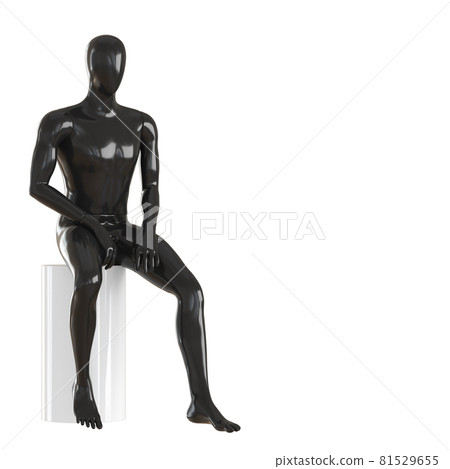 A black faceless mannequin guy sits on a white round stool. 3d rendering A black faceless mannequin guy sits on a white round stool. 3d rendering 81529655