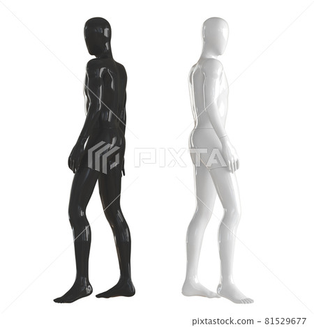 Black and white mannequin stand with their backs to each other. Isolated on a white background. 3D rendering Black and white mannequin stand with their backs to each other. Isolated on a white background. 3D rendering 81529677