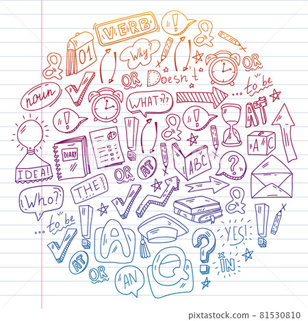 Doodle vector concept illustration of learning English language. English language courses. School. College. University. Doodle vector concept illustration of learning English language. English language courses. School. College. University. 81530810