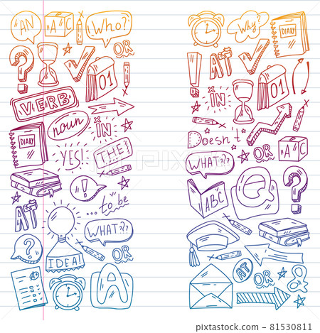 Doodle vector concept illustration of learning English language. English language courses. School. College. University. Doodle vector concept illustration of learning English language. English language courses. School. College. University. 81530811