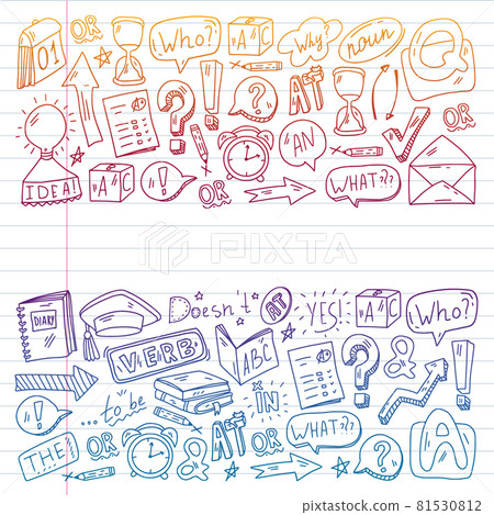 Doodle vector concept illustration of learning English language. English language courses. School. College. University. Doodle vector concept illustration of learning English language. English language courses. School. College. University. 81530812