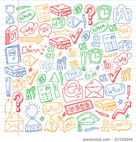 Doodle vector concept illustration of learning English language. English language courses. School. College. University. Doodle vector concept illustration of learning English language. English language courses. School. College. University. 81530844
