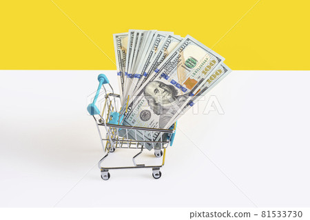 Toy supermarket cart or shopping trolley full of money isolated on yellow and white background. Money loan or sale concept. Banner with copy space Toy supermarket cart or shopping trolley full of money isolated on yellow and white background. Money loan or sale concept. Banner with copy space 81533730