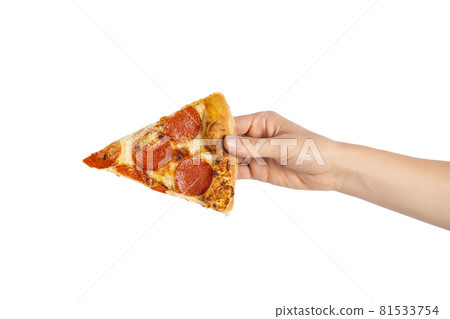 Slice of pepperoni pizza in hand isolated on white. Top view on paperoni pizza. Concept for italian food, street food, fast food, quick bite. Slice of pepperoni pizza in hand isolated on white. Top view on paperoni pizza. Concept for italian food, street food, fast food, quick bite. 81533754