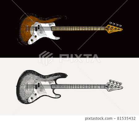 Electro bass guitar in monochrome engraved vintage style. Hand drawn sketch for Rock festival or 81535432