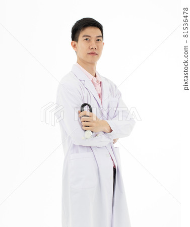 Portrait of Asian male doctor in white gown coat holding stethoscope in hand pose on white background with copy space. Portrait of Asian male doctor in white gown coat holding stethoscope in hand pose on white background with copy space. 81536478