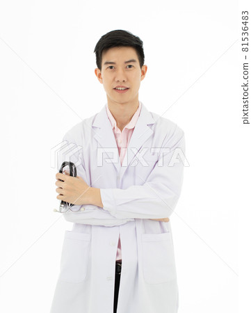 Portrait of Asian male doctor in white gown coat holding stethoscope in hand pose on white background with copy space. Portrait of Asian male doctor in white gown coat holding stethoscope in hand pose on white background with copy space. 81536483