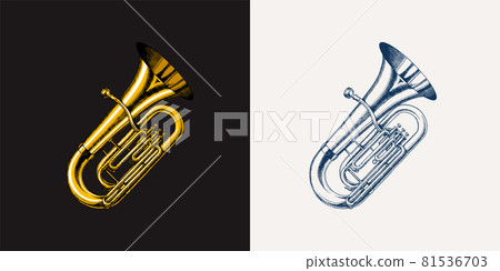 Jazz tuba in monochrome engraved vintage style. Hand drawn trumpet sketch for blues and ragtime 81536703