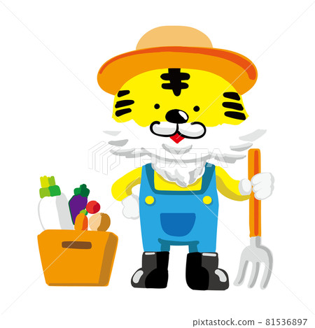 一個可愛的老虎角色穿著工作服去農活 81536897