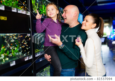 Cheerful parents with little girl looking for aquarium fish Cheerful parents with little girl looking for aquarium fish 81537094
