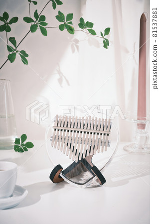 Kalimba 17 keys on stand and on decoration white table with green leave Kalimba 17 keys on stand and on decoration white table with green leave 81537881