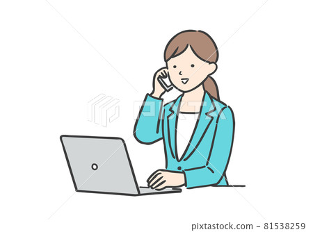 A business woman who talks while operating a laptop computer A business woman who talks while operating a laptop computer 81538259