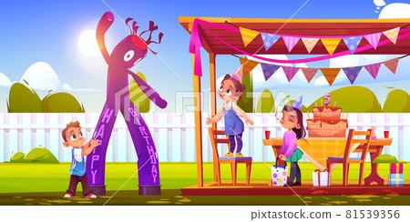 Girl celebrate birthday with friends on backyard 81539356