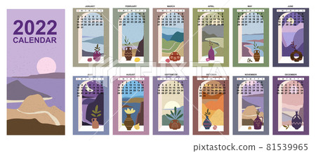 2022 Calendar Planner abstract minimalist contemporary landscape natural window backgrounds. Monthly template for diary business. Week Starts Sunday. Vector isolated 81539965