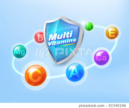 Multivitamin inspiration Protect the body and stay healthy, vitamins shield icon concept. 81540106
