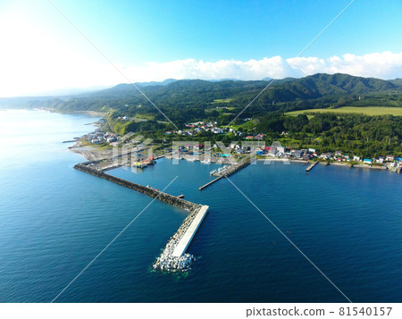 Aerial view of the morning scenery of Otoshibe-Sakaehama fishing port in Yakumo-cho, Hokkaido in summer 81540157