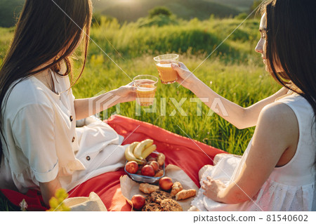Portrait of two sisters in white dresses with long hair in a field Portrait of two sisters in white dresses with long hair in a field 81540602