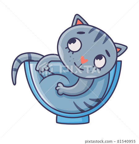 Funny Blue Cat with Striped Tail Sitting in Glass Bowl Vector Illustration Funny Blue Cat with Striped Tail Sitting in Glass Bowl Vector Illustration 81540955