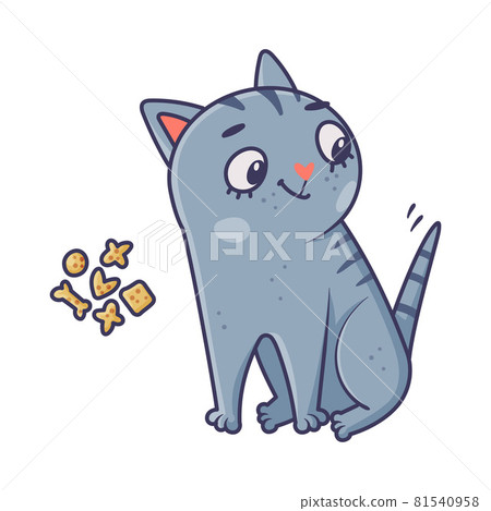 Funny Blue Cat with Striped Tail Dreaming of Dry Feed Vector Illustration Funny Blue Cat with Striped Tail Dreaming of Dry Feed Vector Illustration 81540958