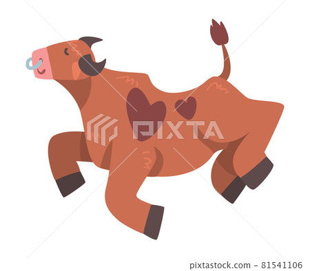 Brown Spotted Bull with Horns and Ring in the Nose Jumping with Joy Vector Illustration Brown Spotted Bull with Horns and Ring in the Nose Jumping with Joy Vector Illustration 81541106