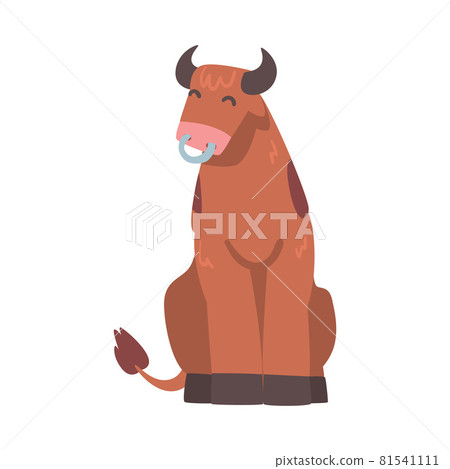 Brown Spotted Bull with Horns and Ring in the Nose in Sitting Pose Vector Illustration Brown Spotted Bull with Horns and Ring in the Nose in Sitting Pose Vector Illustration 81541111