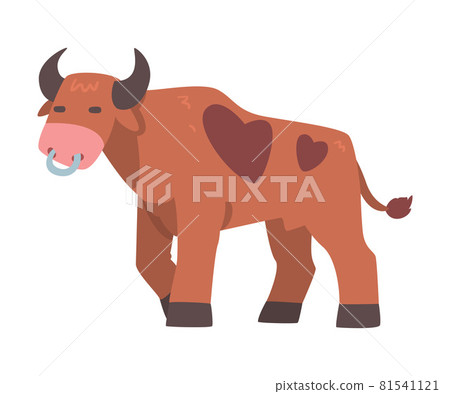 Brown Spotted Bull with Horns and Ring in the Nose in Standing Pose Vector Illustration Brown Spotted Bull with Horns and Ring in the Nose in Standing Pose Vector Illustration 81541121