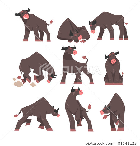Black Horned Bull with Hoof and Muscular Neck Standing, Sleeping and Attacking Vector Set Black Horned Bull with Hoof and Muscular Neck Standing, Sleeping and Attacking Vector Set 81541122